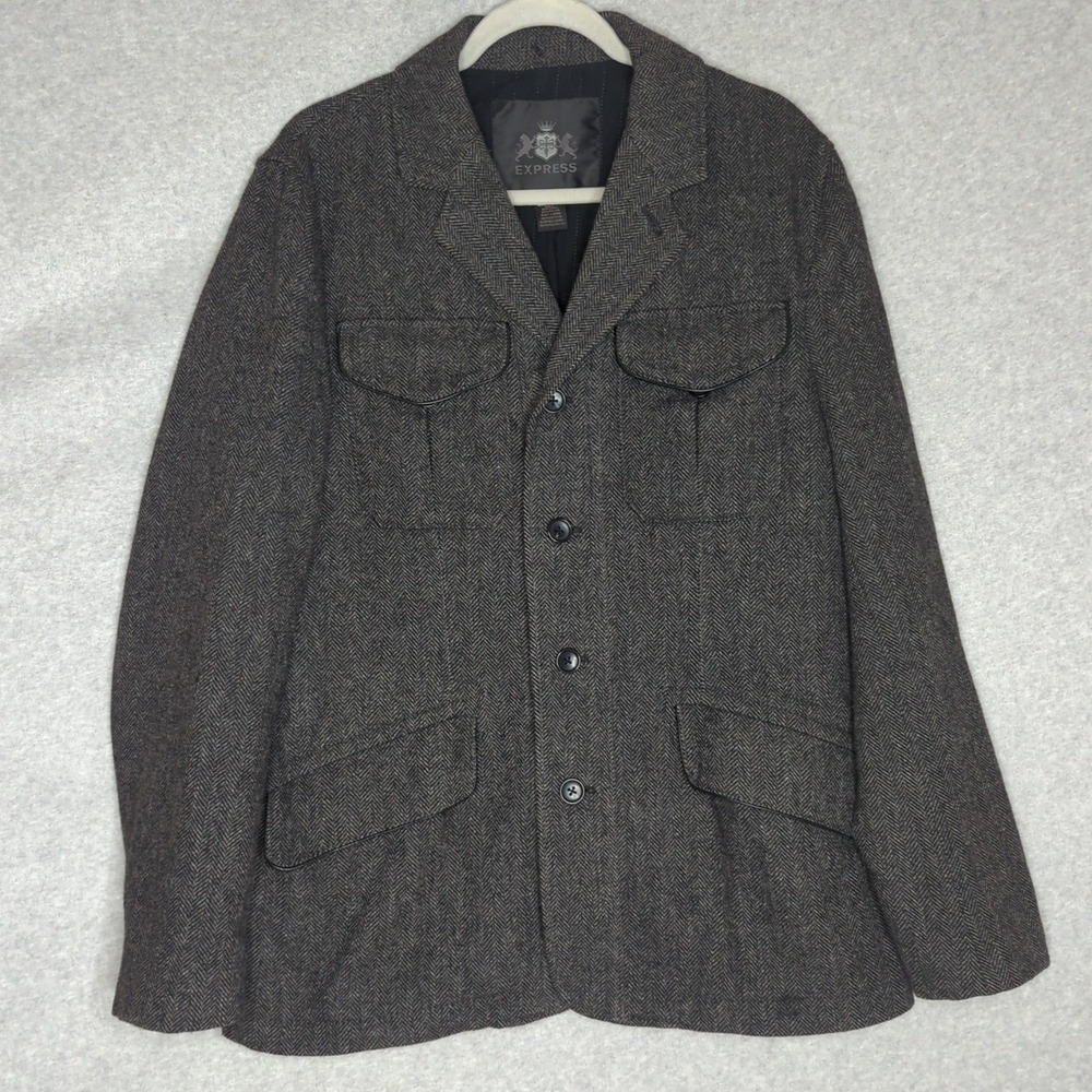 Vintage Express Mens Gray Herringbone Wool Field Jacket Chore Coat Medium